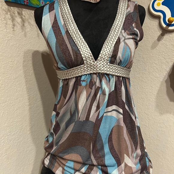 Vintage Self Esteem Brown and blue abstract print V-neck top with silver belting - Picture 2 of 7
